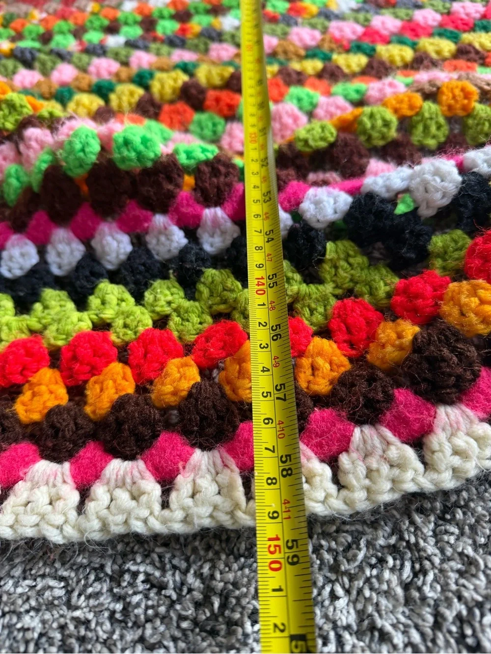 Vintage Handmade Crochet Granny Square Afghan Multi-Color Boho Blanket 63”x58”